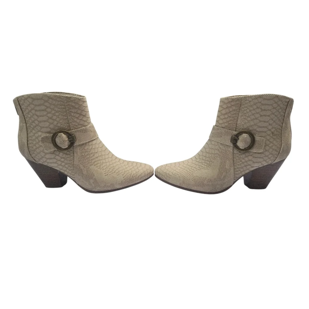 Beige snake-patterned Baretraps Lucia booties feature a stacked heel